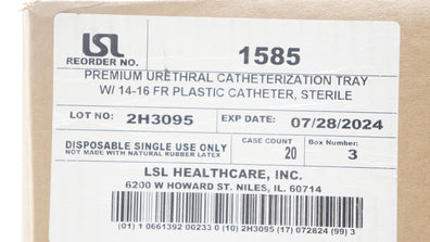 LSL 1585 Premium Urethral Catheterization Tray w/14-16Fr Plastic Cath- Box of 20